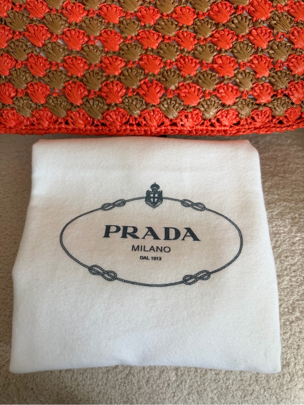Prada Large Raffia Crochet Tote Bag Orange Brown Shopping Bag NWT - Picture 11 of 14